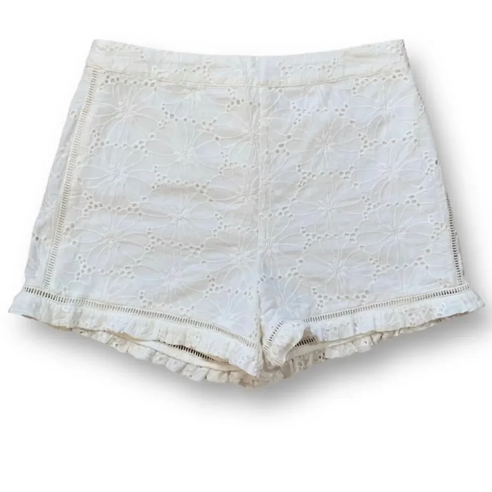 J.O.A Los Angeles White Eyelet Lace Shorts High Waist Ruffle Hem Retro Feminine